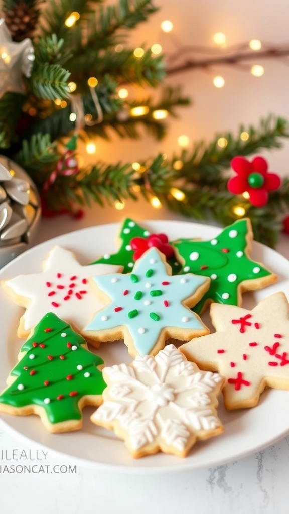 Christmas Sugar Cookies Recipe A plate of decorated Christmas sugar cookies in festive shapes with colorful icing and sprinkles.